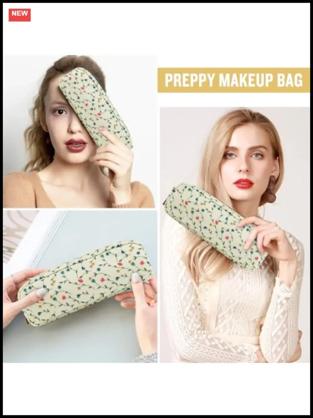 Waterproof Nylon Floral Makeup Bag Slim Cosmetic Pouch with Gold Zipper for